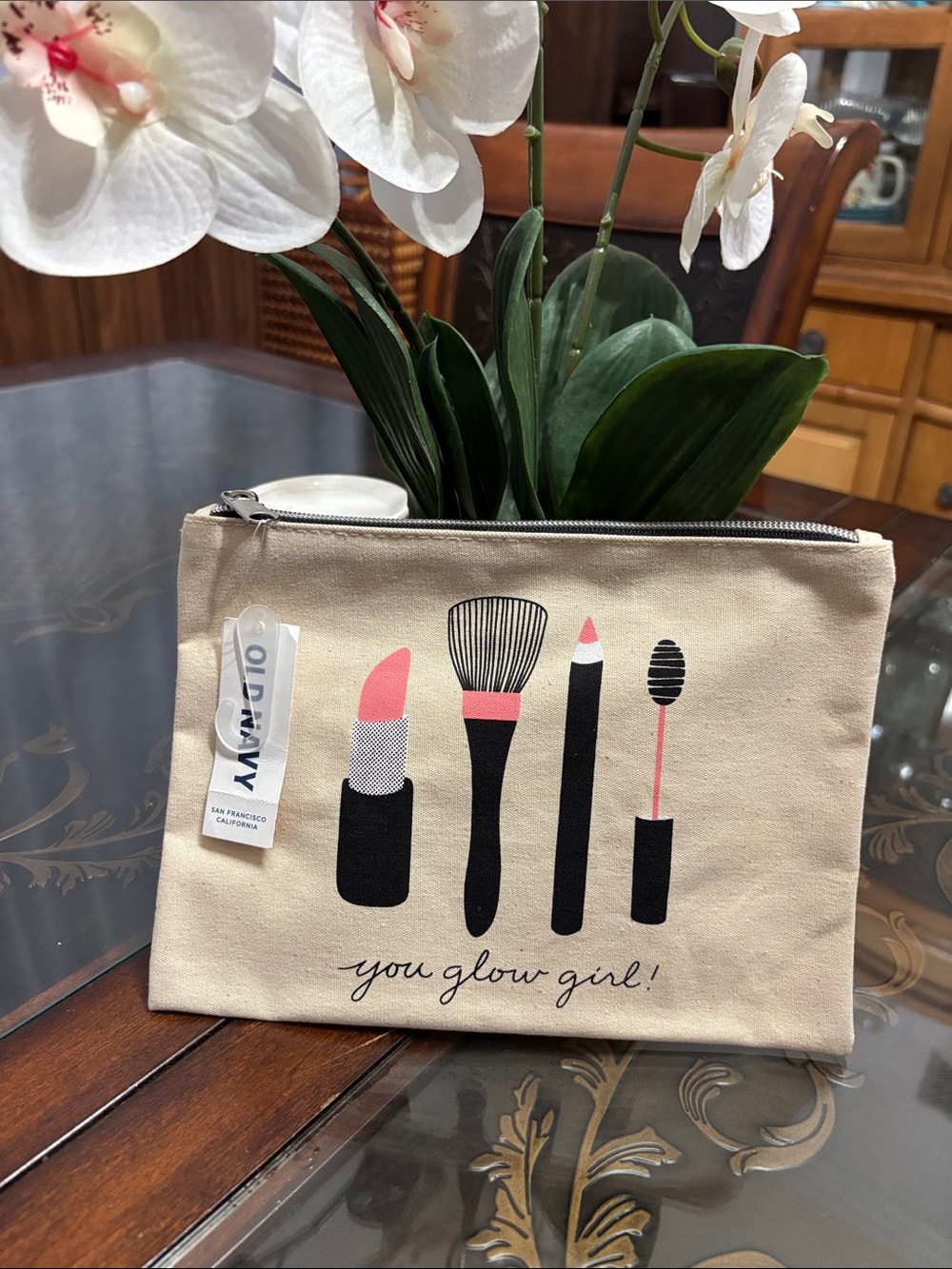 Old Navy Beige Cosmetic Pouch with Pink & Black Makeup Print